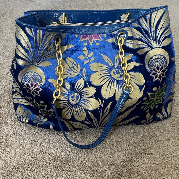 Tory Burch Blue and Gold Floral Shoulder Bag - Picture 1 of 5